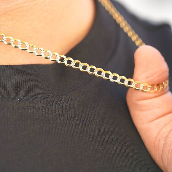14K Solid Gold 4mm Cuban White Pave Chain Necklace | Elegant Gold Jewelry - Picture 3 of 5